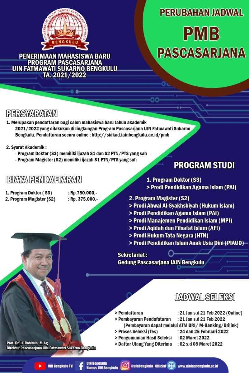 You are currently viewing Perubahan Jadwal Pelaksanaan PMB Program Pascasarjana UIN FAS Bengkulu