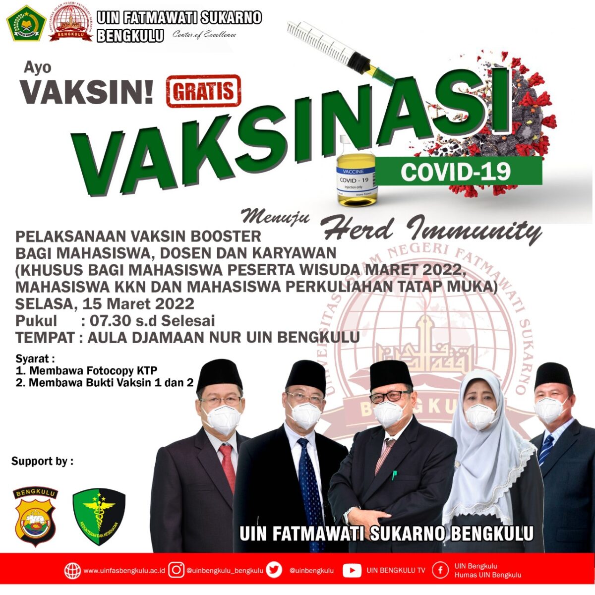 You are currently viewing UIN FATMAWATI SUKARNO BENGKULU KEMBALI LAKUKAN VAKSIN BERSAMA BIDDOKES POLDA