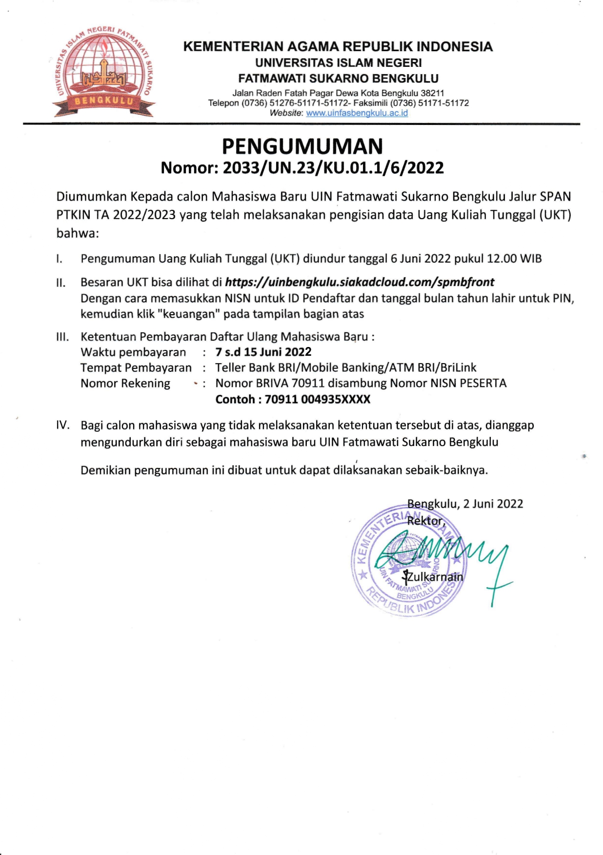 You are currently viewing PENGUMUMAN UKT SPAN PTKIN UIN Fatmawati Sukarno Bengkulu