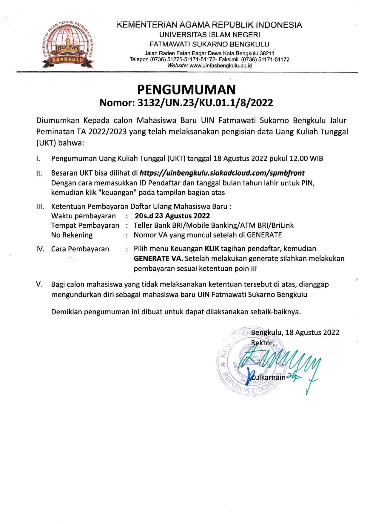 Read more about the article PENGUMUMAN UKT  Mahasiswa Baru UIN Fatmawati Sukarno Bengkulu Jalur Peminatan TA 2022/2023