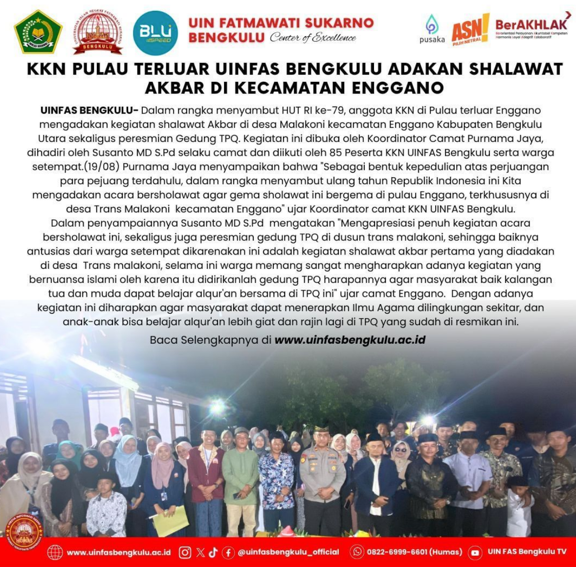 You are currently viewing KKN PULAU TERLUAR UINFAS BENGKULU ADAKAN SHALAWAT AKBAR DI KECAMATAN ENGGANO