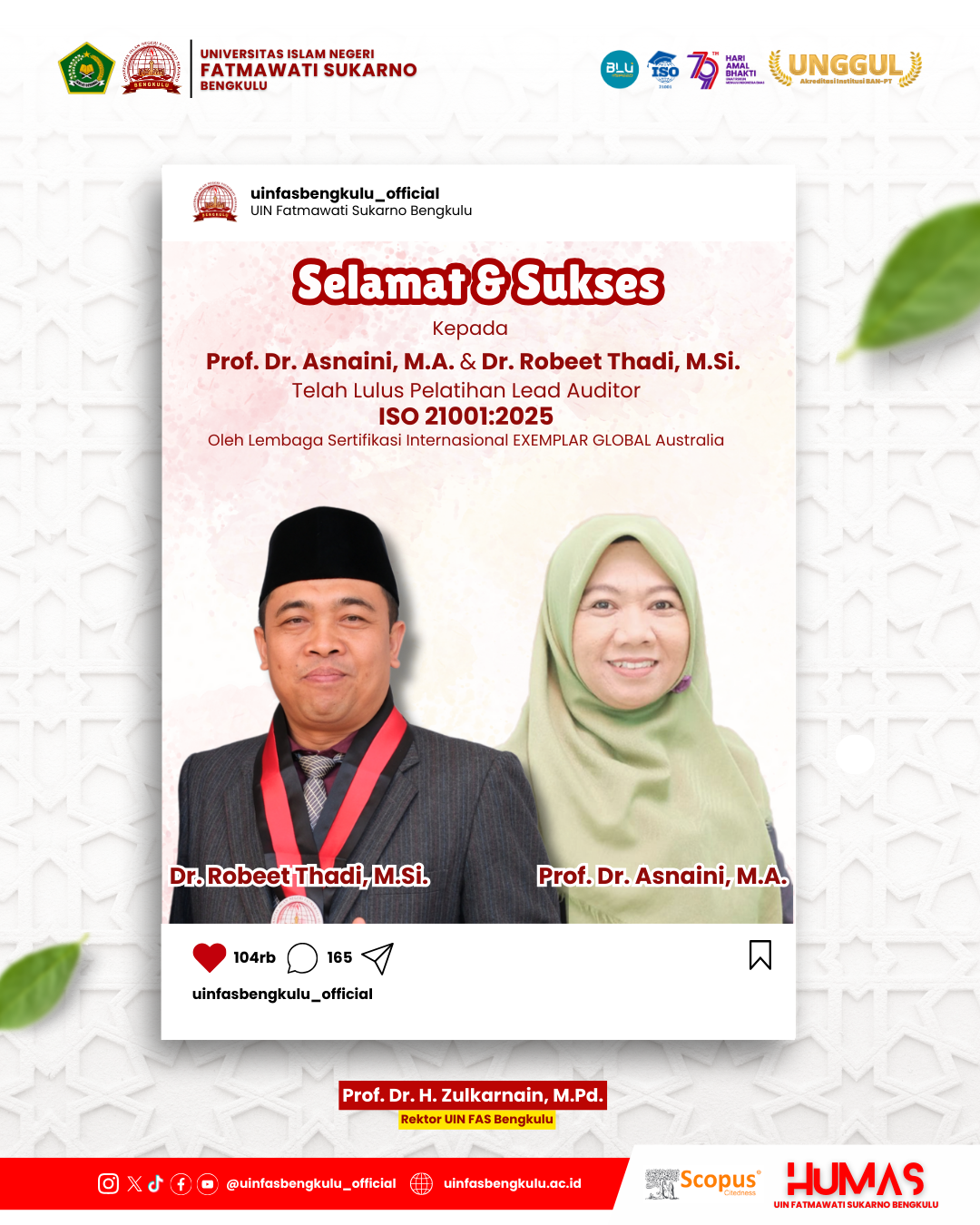 Read more about the article Dosen UIN Fatmawati Sukarno Bengkulu Lulus Pelatihan Lead Auditor ISO 21001:2025