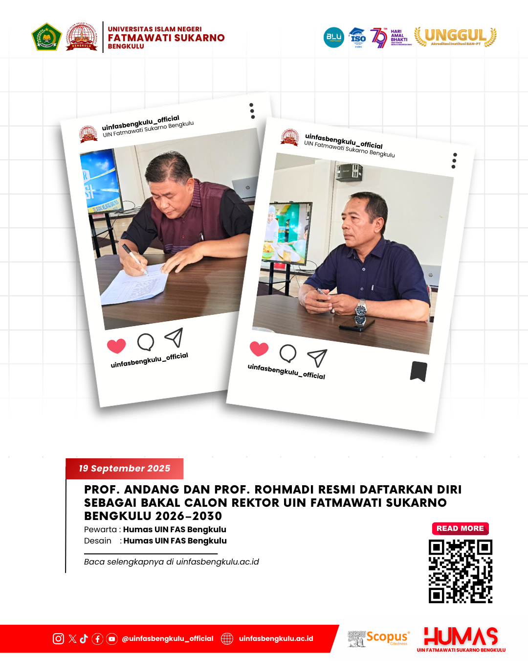 You are currently viewing Prof. Andang dan Prof. Rohmadi Resmi Daftarkan Diri sebagai Bakal Calon Rektor UIN Fatmawati Sukarno Bengkulu 2026–2030