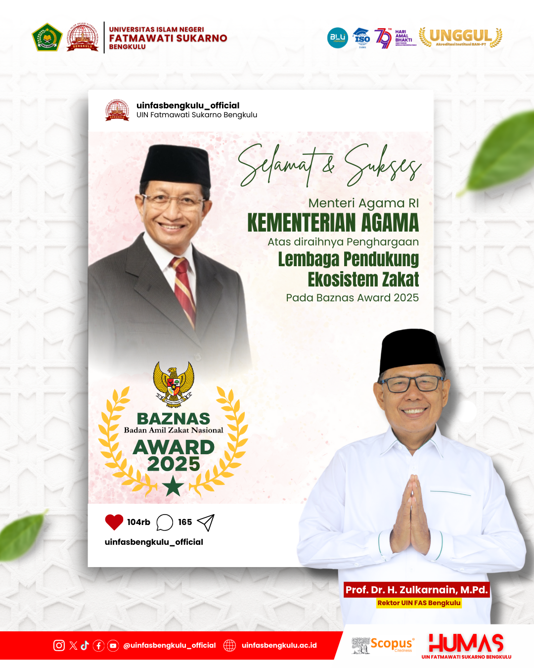 Read more about the article Kemenag RI Raih Penghargaan Lembaga Pendukung Ekosistem Zakat Pada Baznas Award 2025
