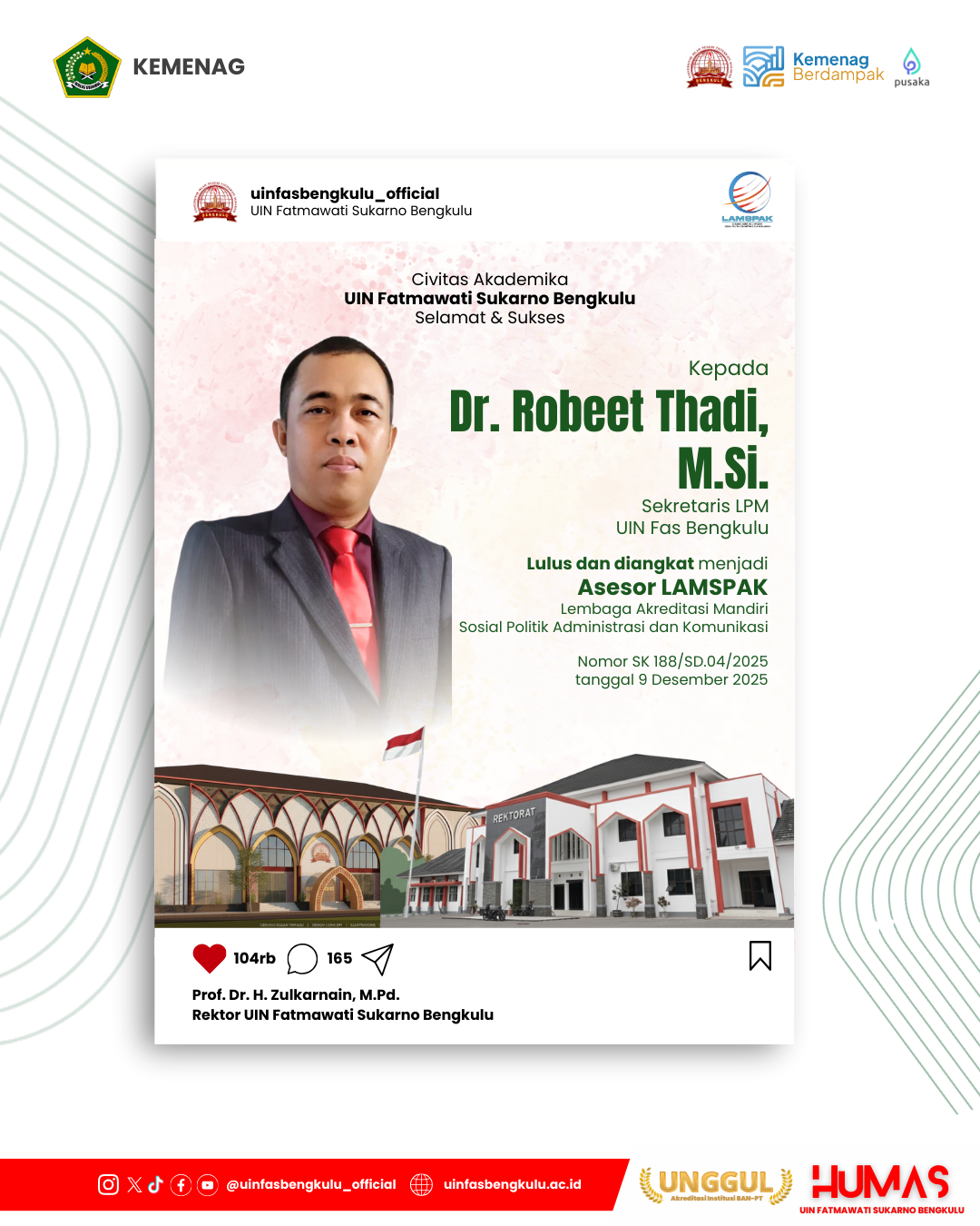 Read more about the article Kabar Membanggakan! Dr. Robeet Thadi, M.Si. Resmi Jadi Asesor LAMSPAK
